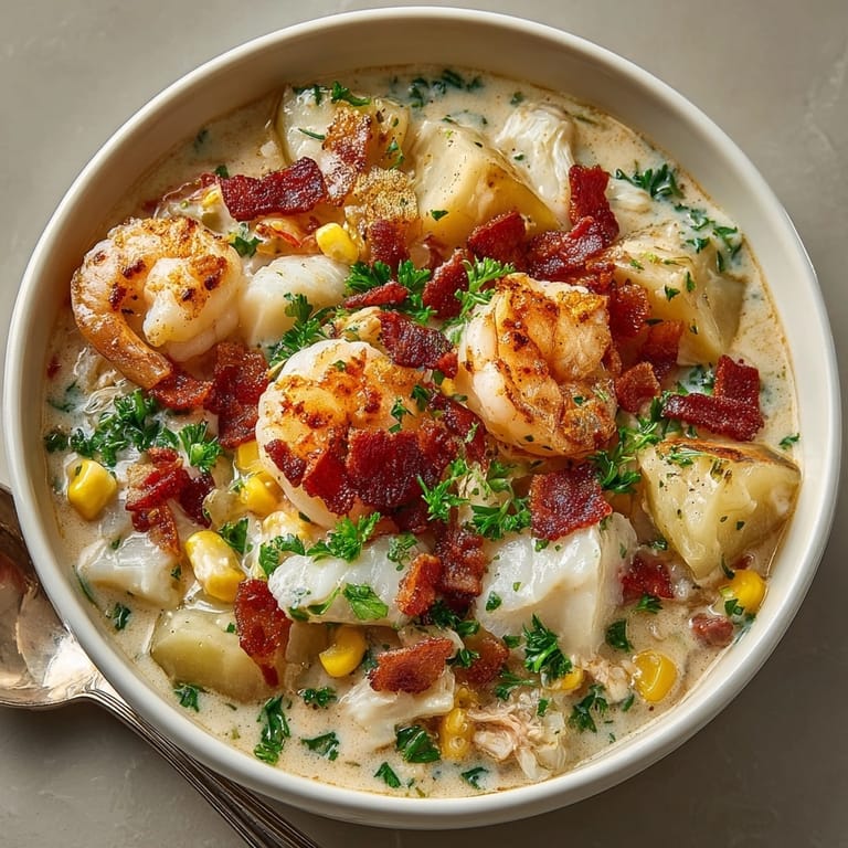 Rich Coastal Fisherman's Chowder served hot with sweet corn and savory bacon bits.