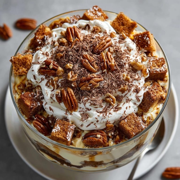 This gorgeous Bourbon Pecan Chaos Cake Trifle shows off bourbon-soaked pecans and vanilla pudding in a tall glass.