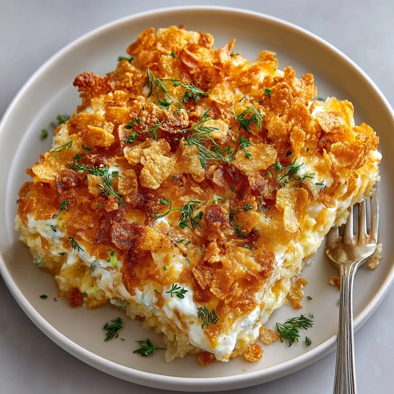Hearty Midwest Classic Funeral Potatoes with Pickle Ranch Twist: a comforting, flavorful side dish for your next potluck.