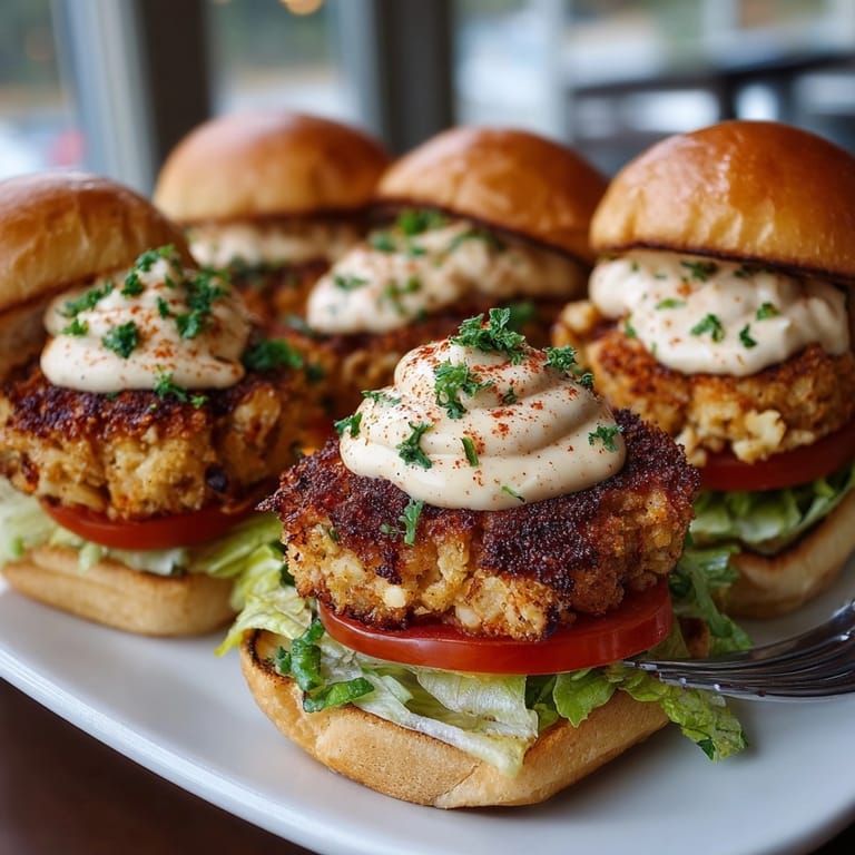Close-up of juicy Coastal Crab Cake Sliders, showcasing the flavorful crab cakes and fresh toppings.
