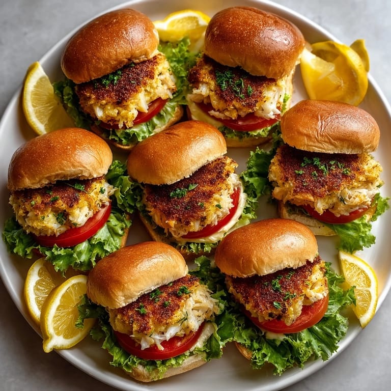 Enjoy delicious Coastal Crab Cake Sliders, featuring seasoned crab cakes and a zesty Old Bay sauce, perfect for sharing.
