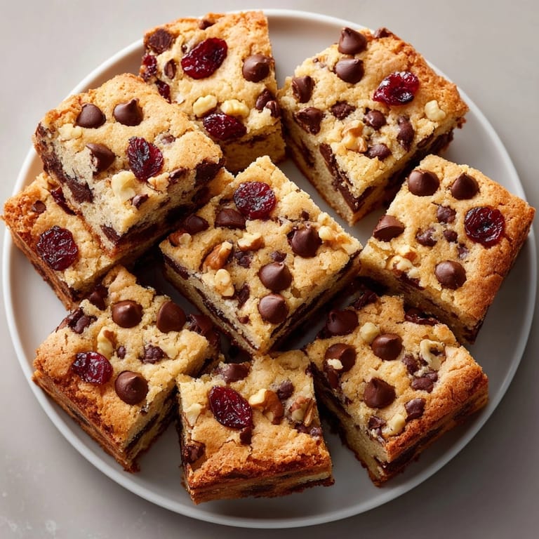 A tray of warm, delightful Classic American Cherry-Coded Chocolate Chip Cookie Bars, the perfect dessert.