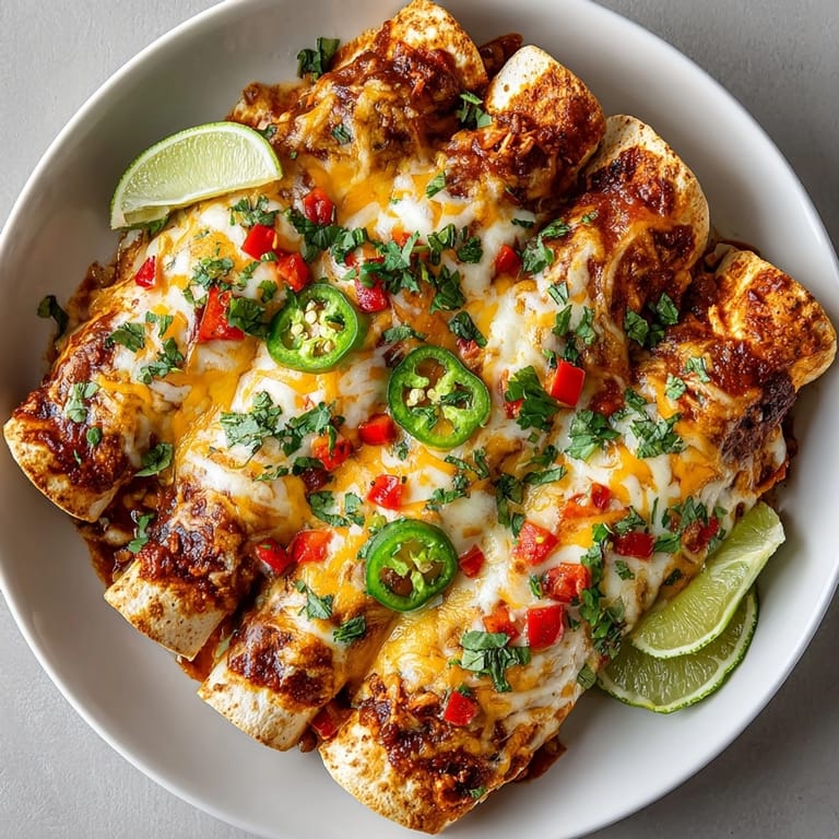 Freshly garnished Spiced Southwest Pickle Margarita Chicken Enchiladas, a colorful dish with cilantro and jalapeños.