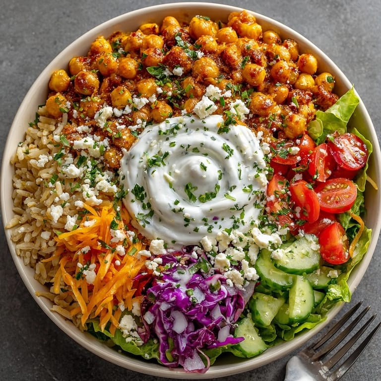 A close-up of the Buffalo Chickpea Power Bowl, highlighting the textures of the ingredients and creamy dressing.