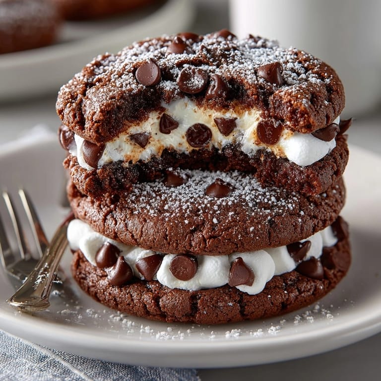 A close-up of melted marshmallow oozing from a delicious Hot Cocoa Marshmallow-Stuffed Cookie, fresh from the oven.
