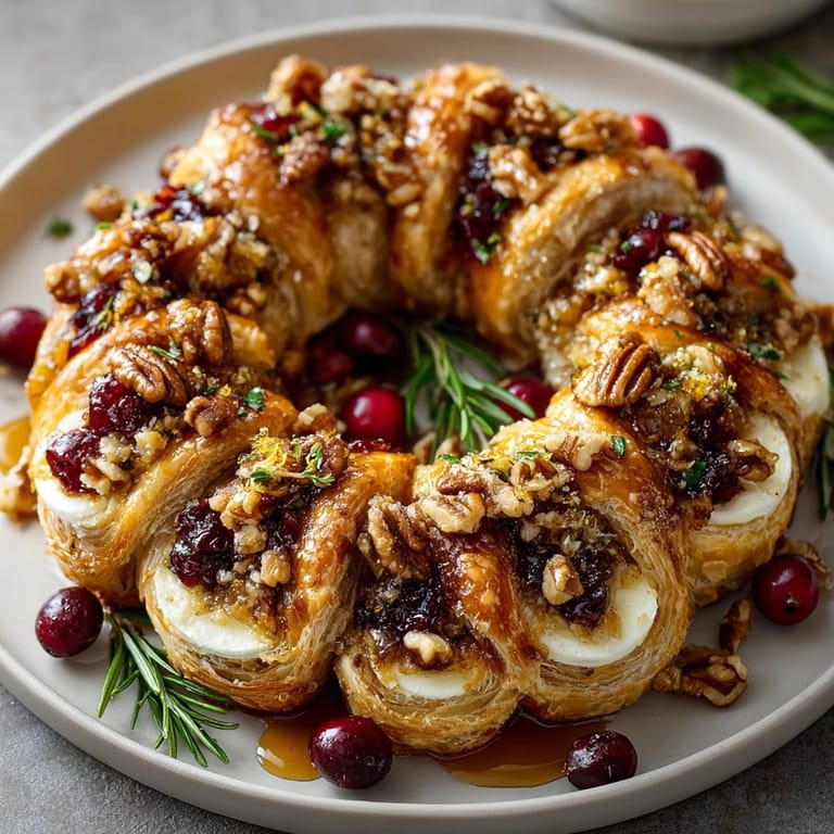 Festive Cranberry Brie Puff Pastry Wreath, showcasing a pull-apart golden pastry perfect for holiday gatherings.