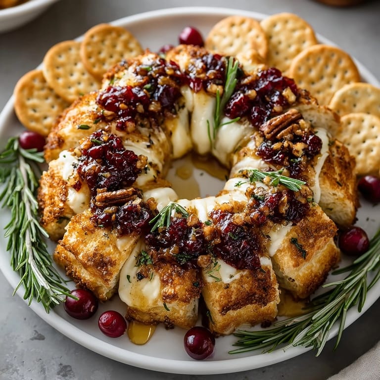 Close-up of a baked Cranberry Brie Puff Pastry Wreath, smelling of rosemary, with a sweet cranberry filling.