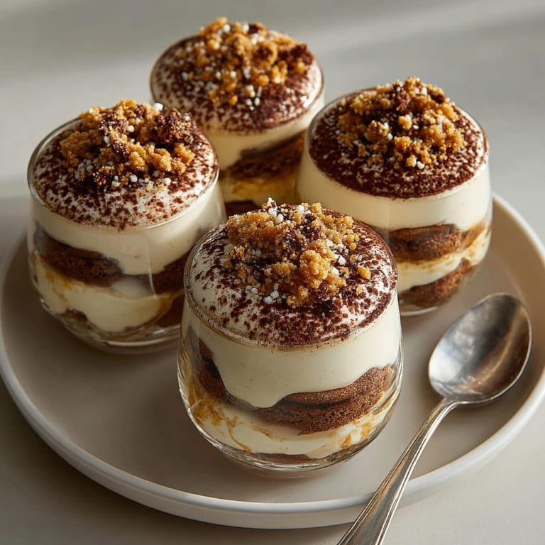 This festive photo shows Gingerbread Tiramisu Cups, delicious no-bake gingerbread and mascarpone dessert cups.