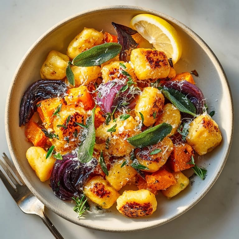 Close-up of skillet-roasted butternut sage sheet-pan gnocchi smelling savory, topped with Parmesan.