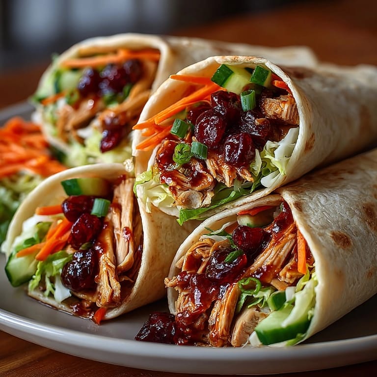These easy Sweet and Sour Cherry Chicken Wraps showcase pan-fried chicken tossed in a flavorful glaze.