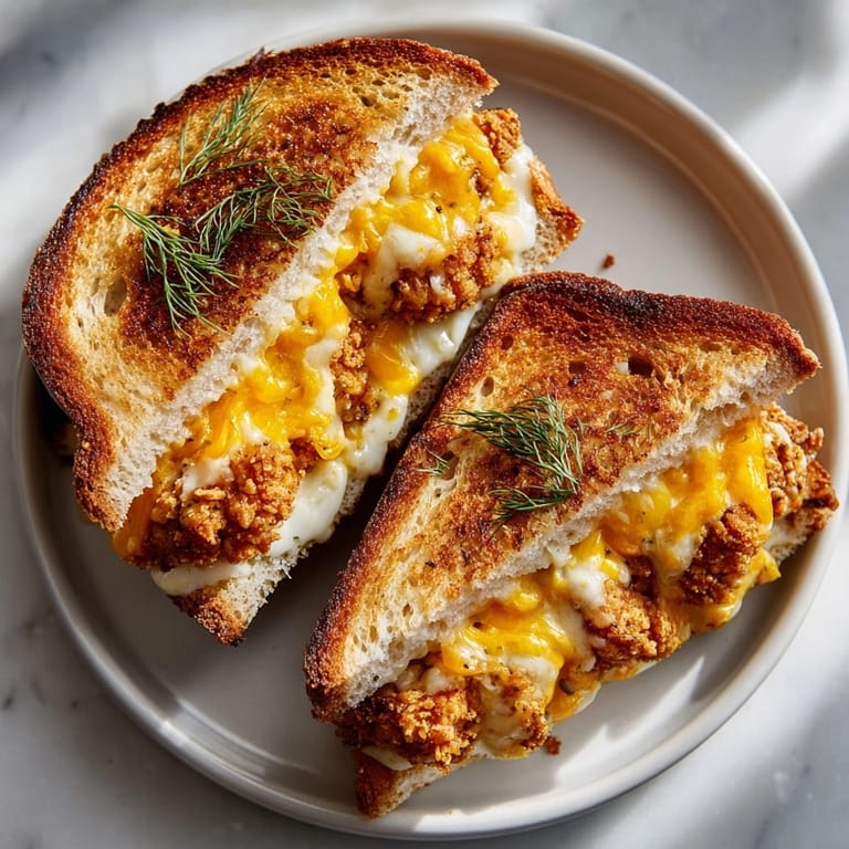 Mouthwatering pickle-brined fried chicken grilled cheese with crunchy crust and savory filling, ideal for a quick lunch.