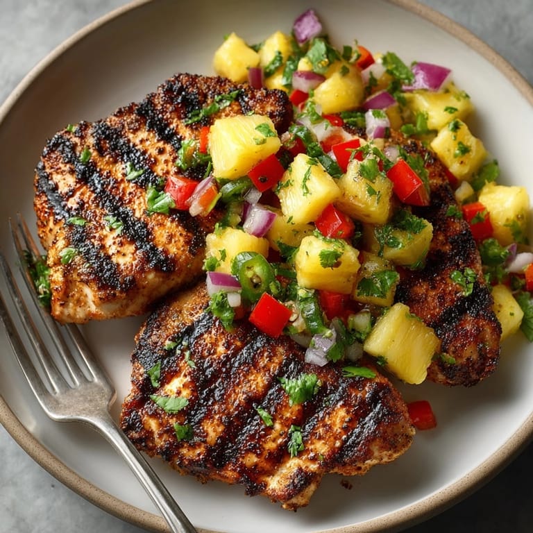 A close-up of Pineapple Salsa Chicken: juicy, grilled chicken topped with fresh, vibrant salsa.