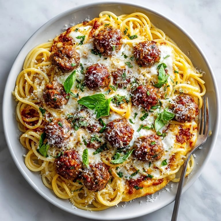 A close-up look at a cheesy, bubbly Spaghetti and Meatball Pizza, ready to be cut and enjoyed.