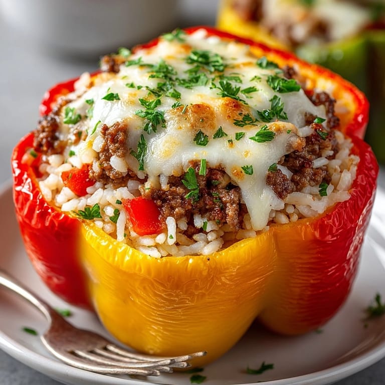 A baking dish filled with Beef and Rice Stuffed Peppers, bubbling cheese and vibrant peppers.