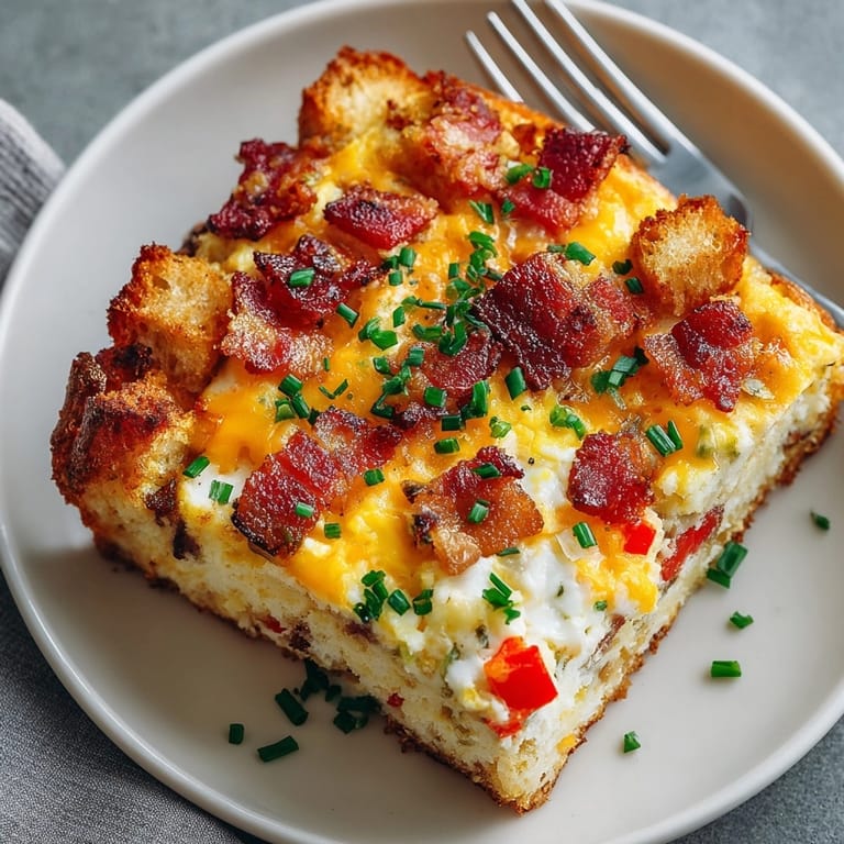 Homemade Bacon Egg and Cheese Breakfast Casserole, featuring fluffy eggs and flavorful bacon mixed with cheese.