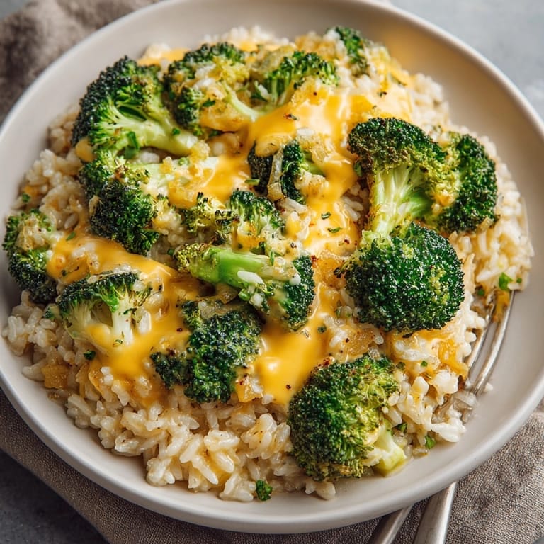 This Cheesy Broccoli Rice Skillet shows a creamy, golden-brown dish perfect for a comforting weeknight meal.