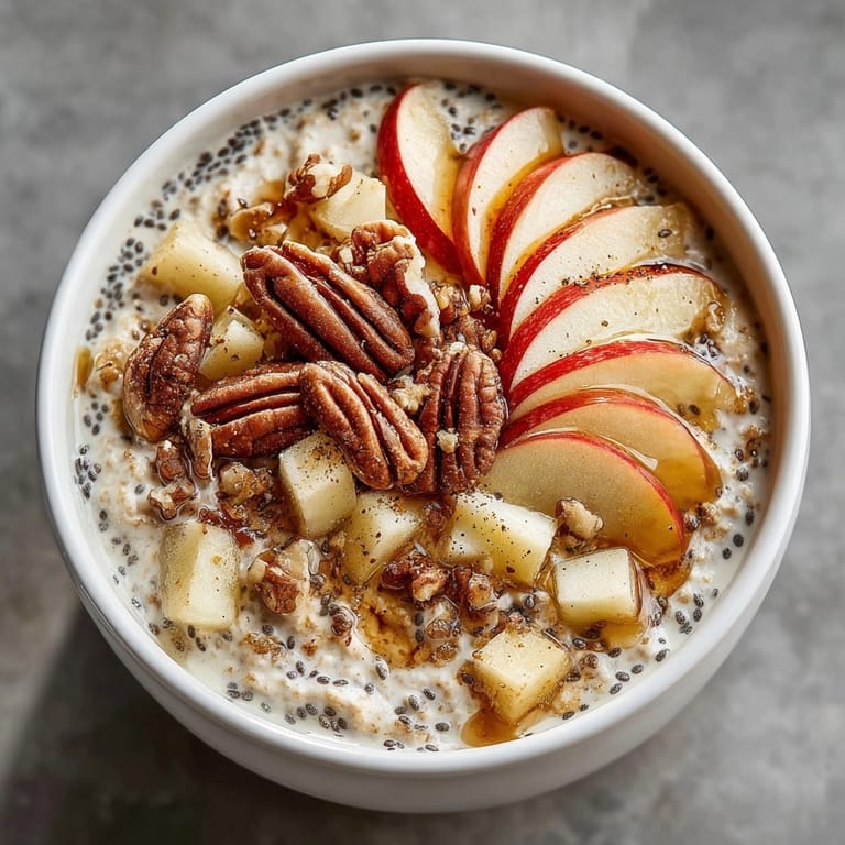 Close-up of Apple Cinnamon Overnight Oats, showcasing creamy oats and diced apple toppings for a flavorful start.