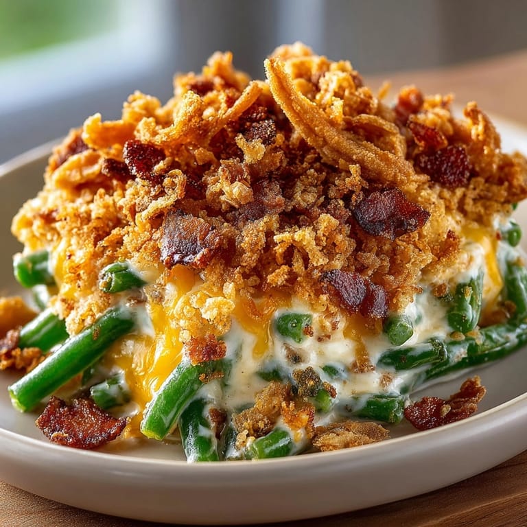 Creamy, cheesy casserole featuring green beans, bacon, and Cheddar: a delicious, hearty meal.
