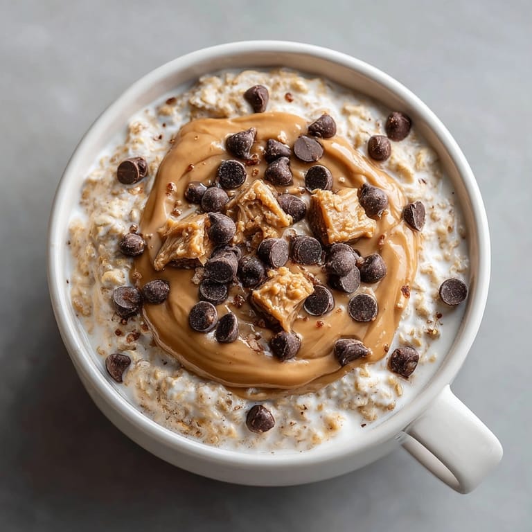 Hearty Peanut Butter Chocolate Chip Overnight Oats served cold, ready for a quick vegetarian morning meal.