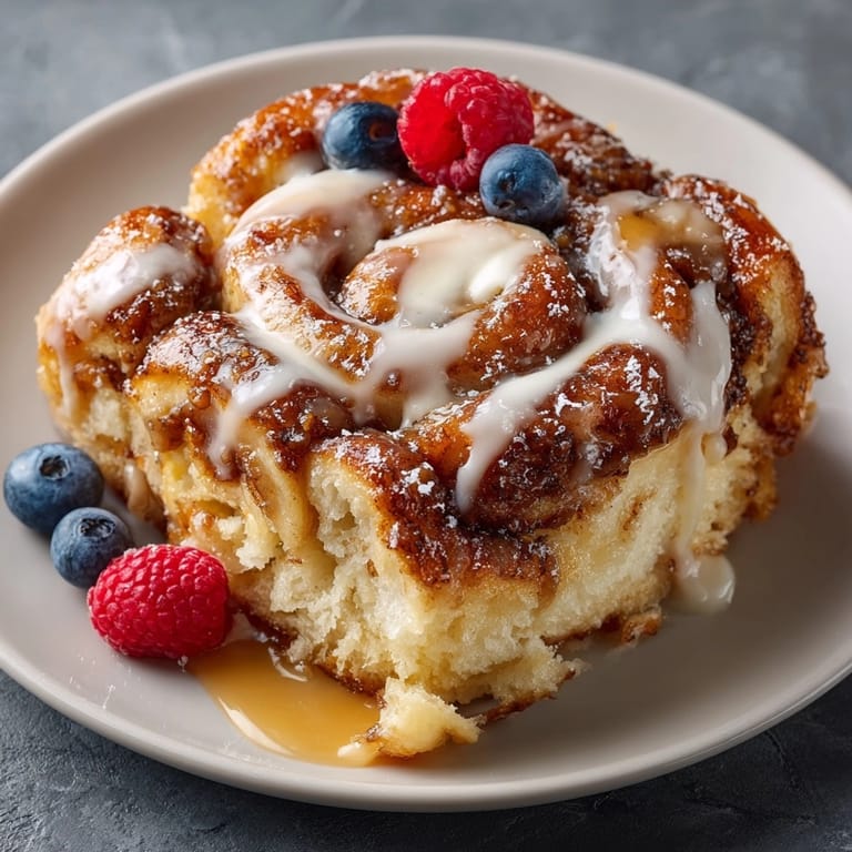 Soft, gooey Cinnamon Roll French Toast Casserole topped with powdered sugar and sweet vanilla glaze.