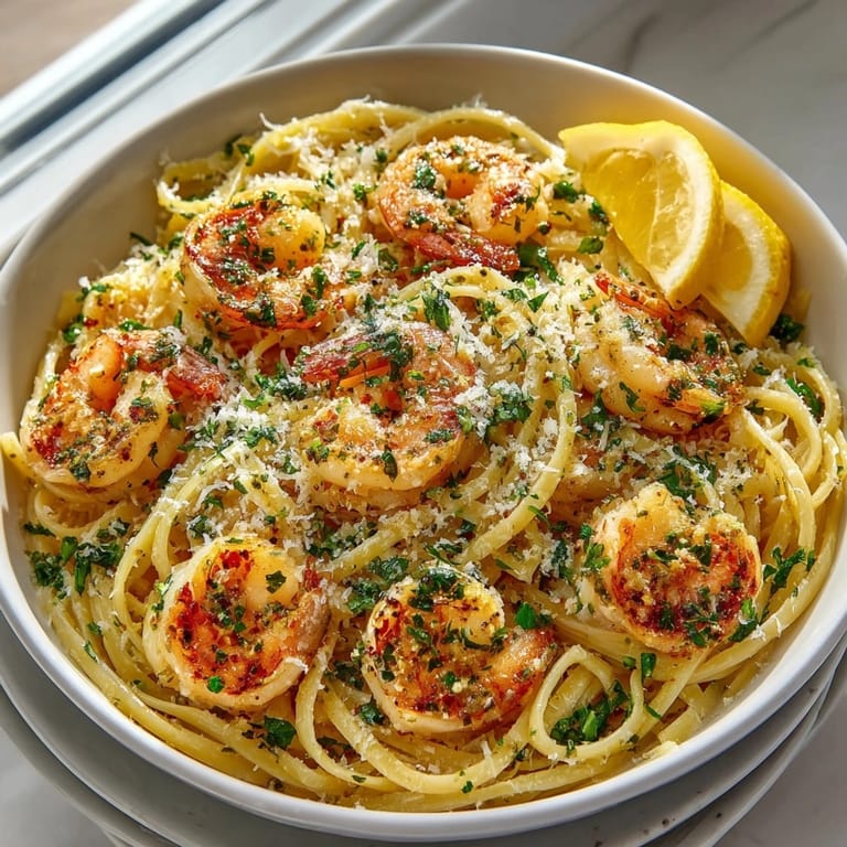 Creamy garlic butter shrimp pasta with fresh herbs served on a plate, steam rising invitingly.