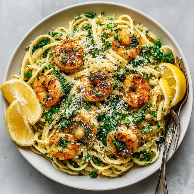 Al dente noodles topped with juicy shrimp and vibrant herbs in garlic butter shrimp pasta.