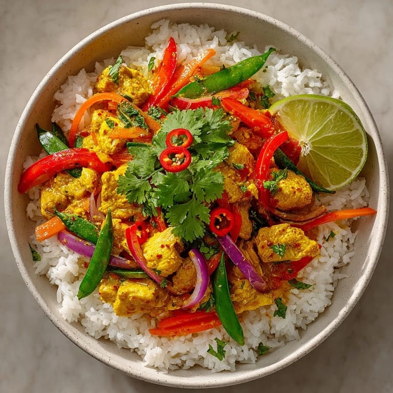 Steaming Thai Curry Chicken Rice Bowl topped with lime wedges and vibrant red chilies.