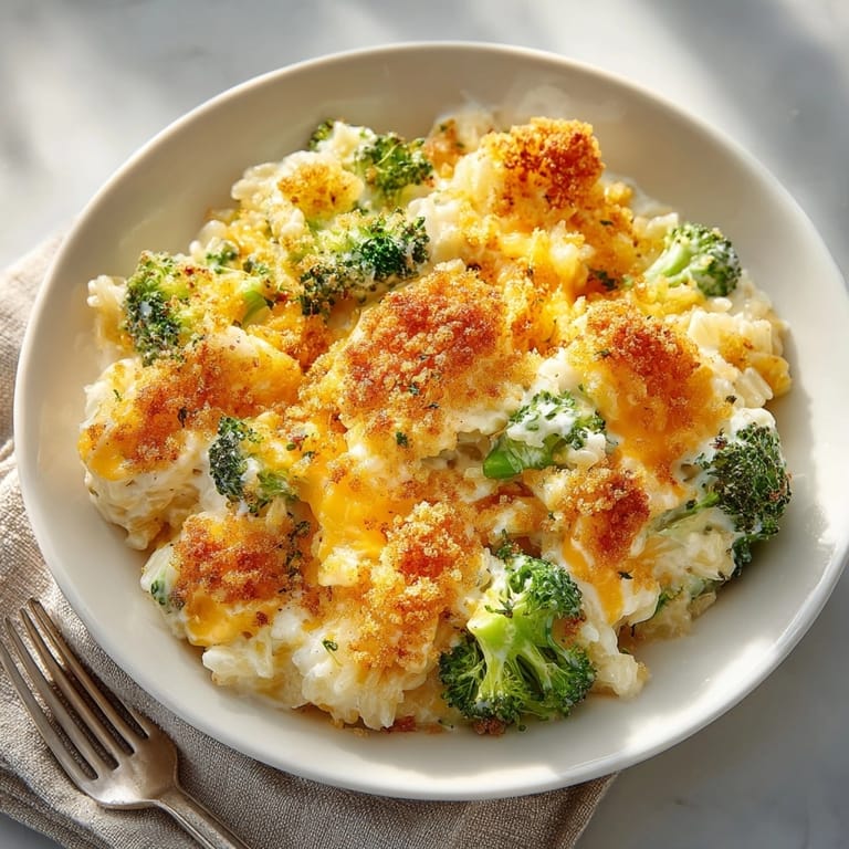 Cheesy Broccoli Rice Casserole in a casserole dish, showcasing tender broccoli and fluffy cheesy rice.