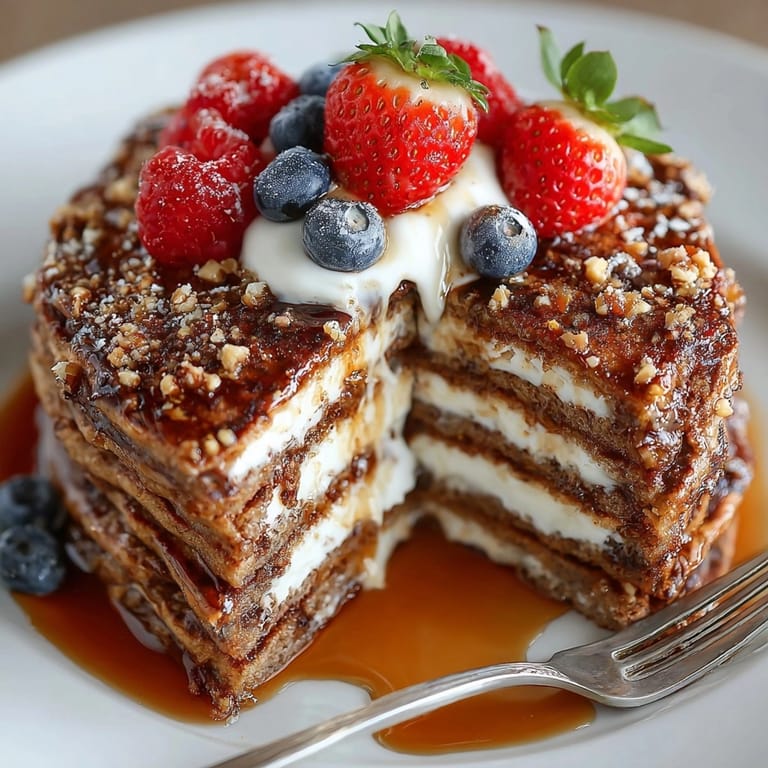 Golden chocolate hazelnut protein pancakes on a plate with creamy Greek yogurt and crunchy hazelnut pieces