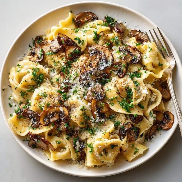 Freshly grated cheese melting over caramelized wild mushroom pappardelle pasta, inviting and ready to enjoy.
