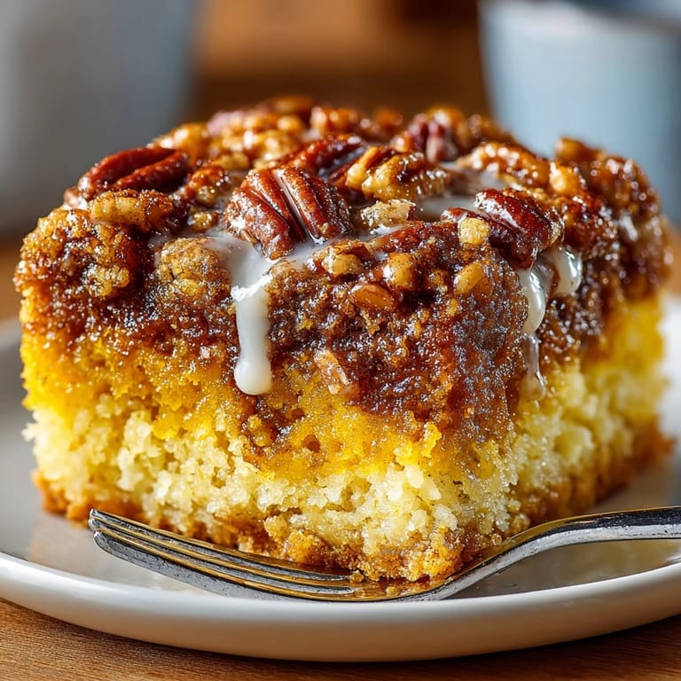 Freshly baked pecan pie dump cake served warm, with a scoop of vanilla ice cream beside.