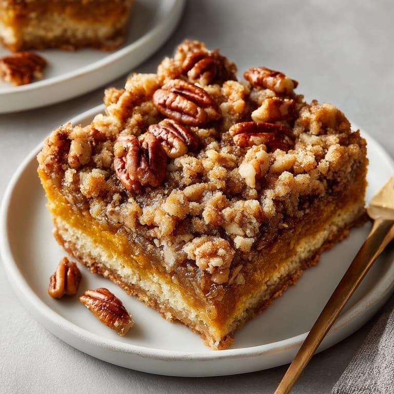 Close-up of moist pecan pie dump cake layers, rich pumpkin filling and buttery topping.