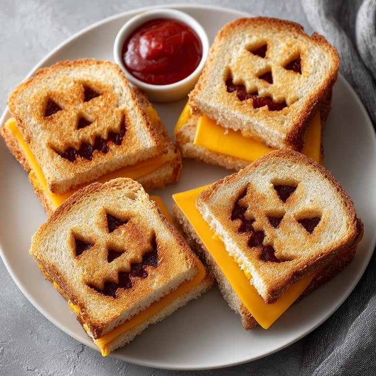 Buttery, cheesy Jack-o&apos;-Lantern Grilled Cheese Sandwiches: a fun and easy lunch with festive faces.