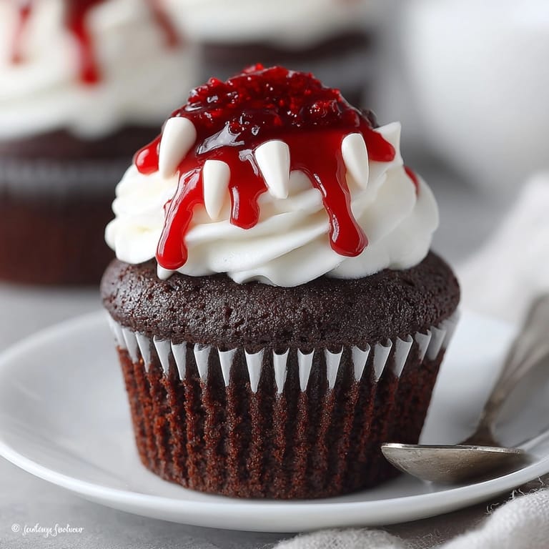 Homemade Bloody Vampire Bite Cupcakes crowned in white, piped vanilla frosting with red drizzle.