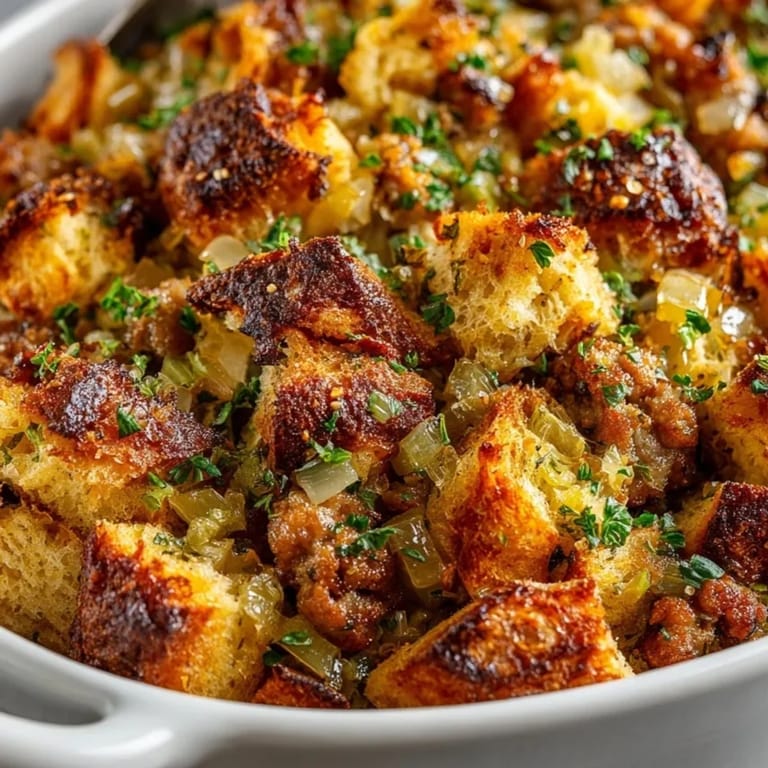 Close-up of a rustic Sourdough Apple-Sausage Stuffing Bake showing toasted bread, apples, and savory sausage.