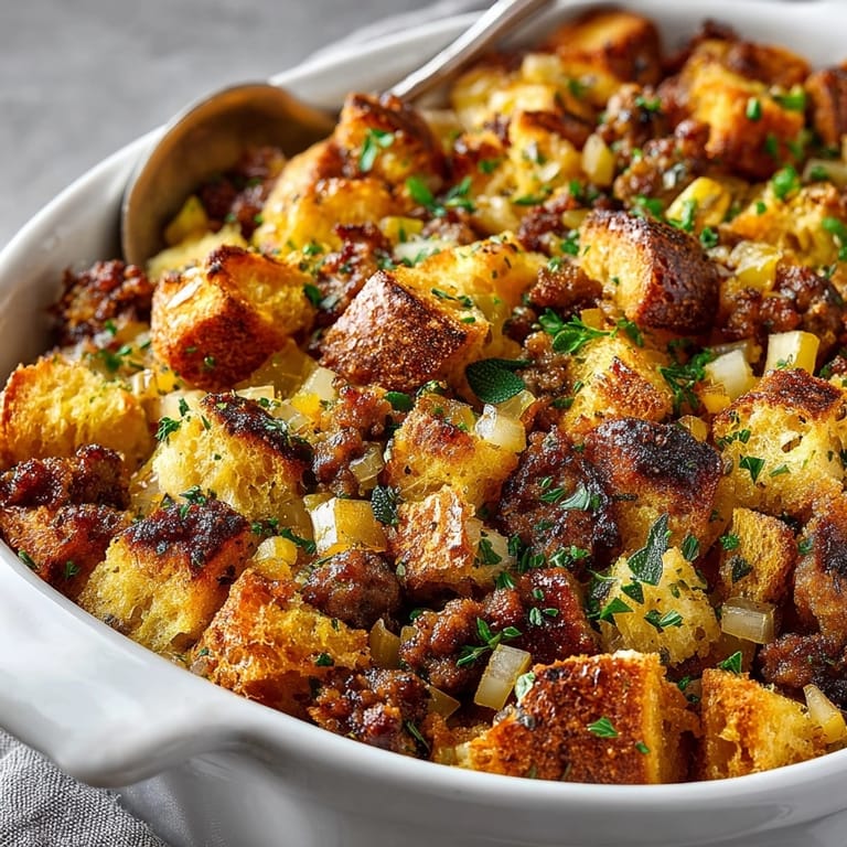 Warm, comforting Sourdough Apple-Sausage Stuffing Bake, a perfect side dish with savory aromas filling the air.