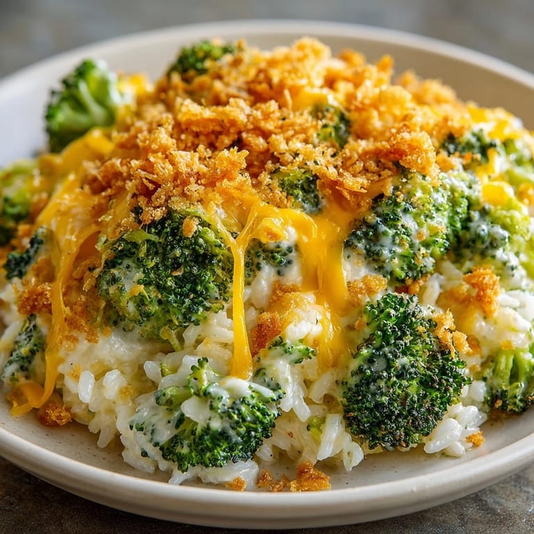 Easy Cheesy Broccoli Rice Casserole: bubbly, savory, plus cheesy sauce over rice.