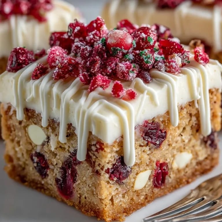 Homemade Cranberry Bliss Bars recipe: a decadent treat featuring cream cheese frosting and bright cranberries.