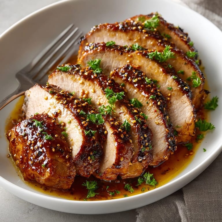 Golden roasted Maple Mustard Glazed Pork Tenderloin, ready to be sliced, surrounded by fresh herbs.