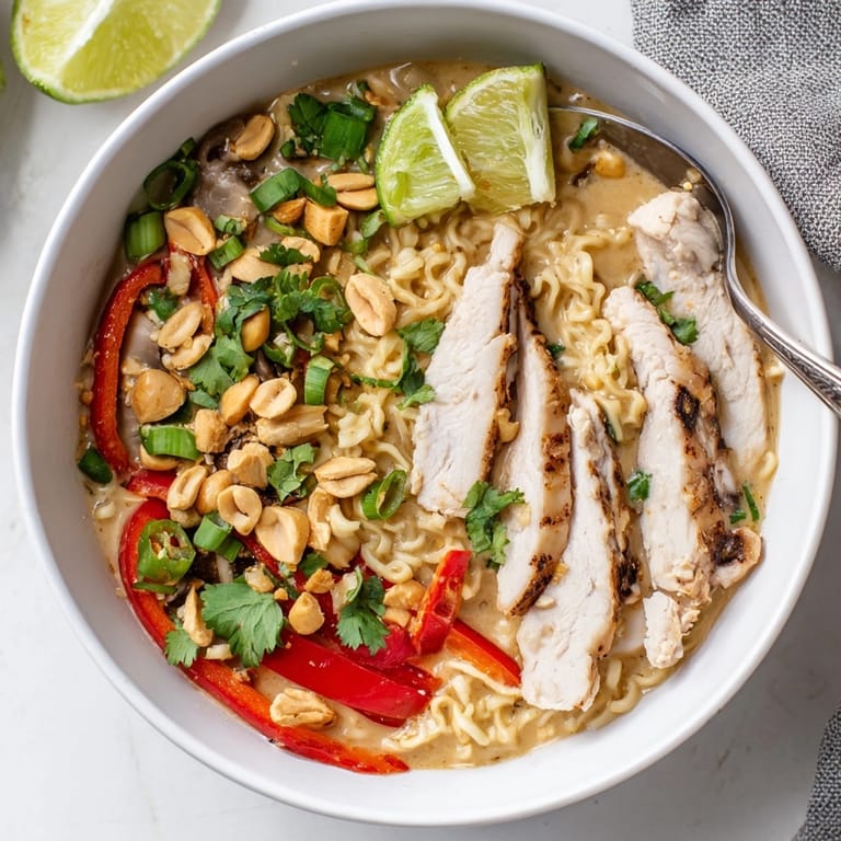 A steamy bowl of Thai Peanut Chicken Ramen, highlighted by colorful peppers and noodles.