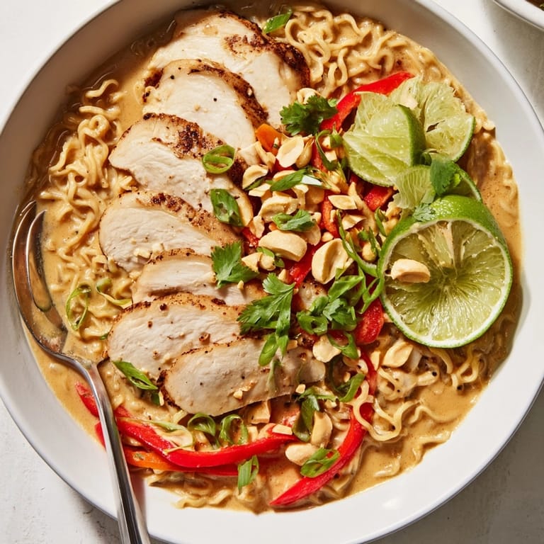 Close-up of savory Thai Peanut Chicken Ramen with fresh toppings, ready to serve.