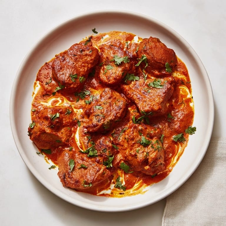 Golden, simmering 30-Minute Spicy Indian Butter Chicken on a skillet; ready to serve.