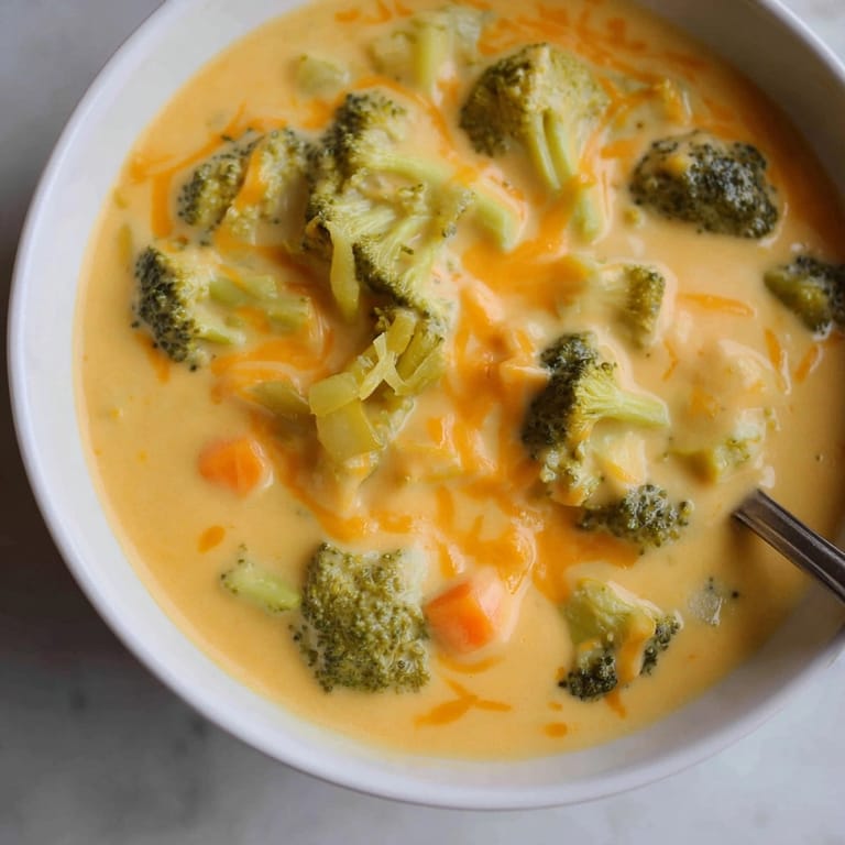Close-up of golden Instant Pot Broccoli Cheddar Soup with visible broccoli pieces, ready to serve.