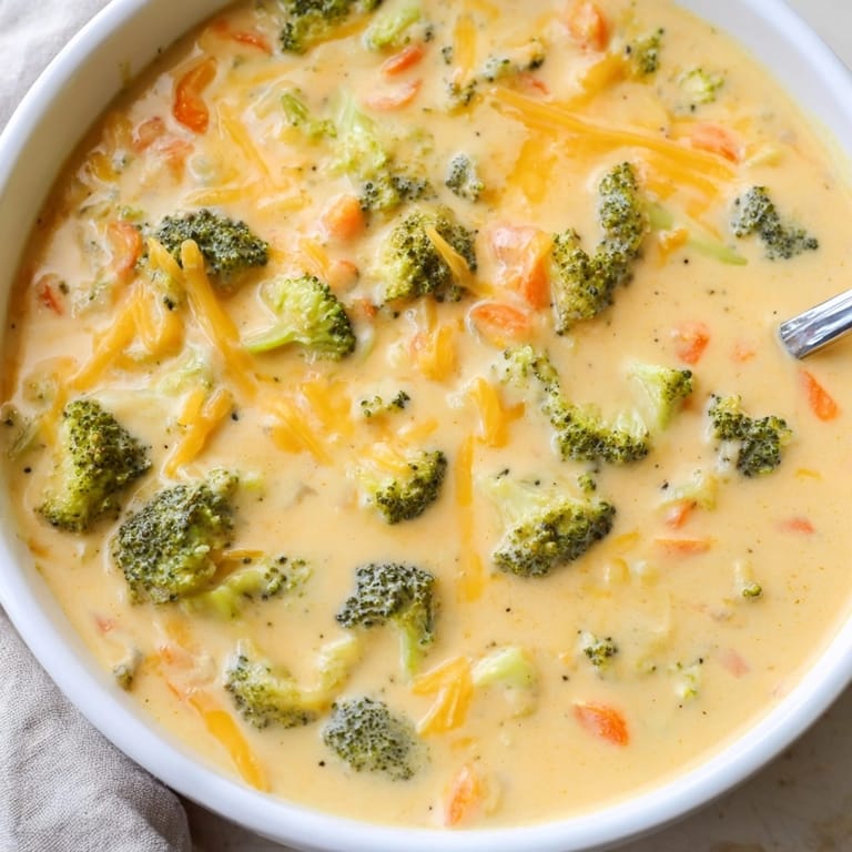 Homemade Instant Pot Broccoli Cheddar Soup ladled into a rustic bowl; aromatic, cheesy, and warm.