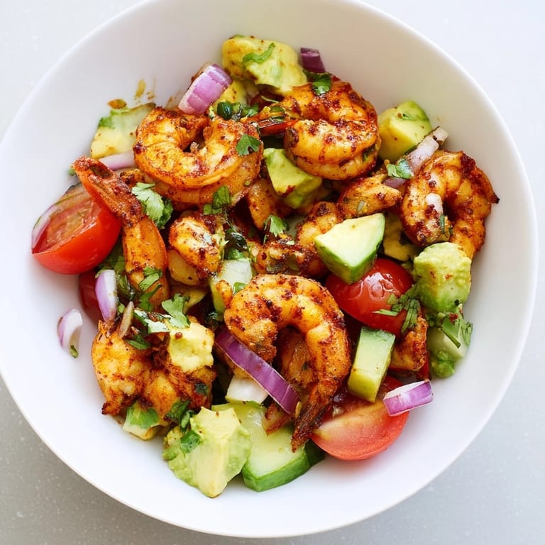 Close-up of a colorful Shrimp and Avocado Salsa Salad, served with crispy tortilla chips.