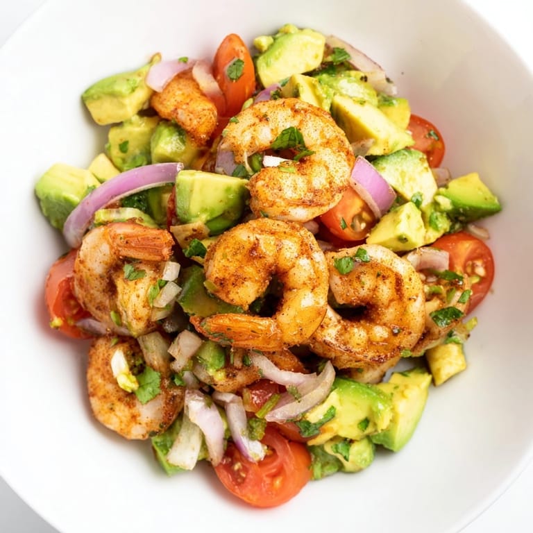 Bright and flavorful Shrimp and Avocado Salsa Salad, showcasing diced avocado and juicy shrimp.
