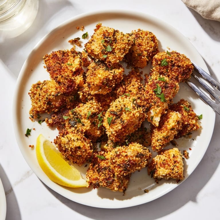 Close-up of savory Garlic Herb Popcorn Chicken: fragrant, bite-sized, tempting family appetizer.