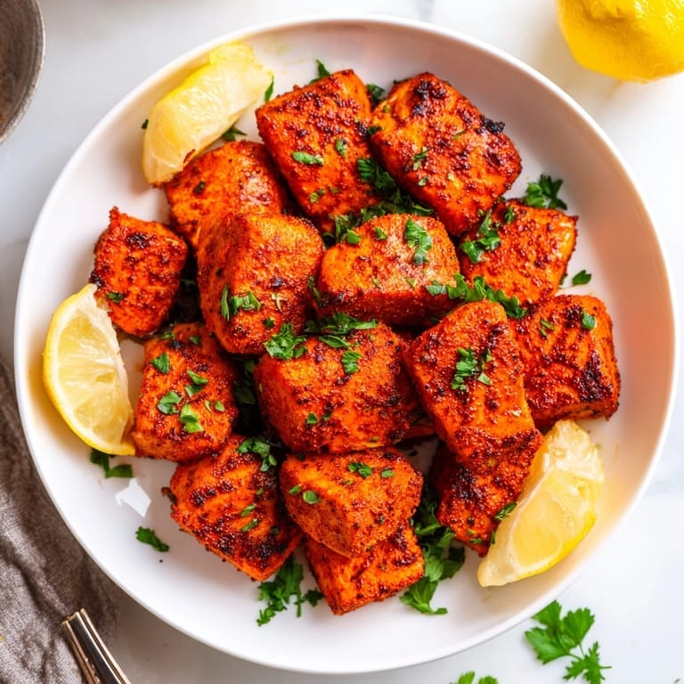 Hot, flavorful Cajun Blackened Salmon Bites plated beautifully, ready for dipping.