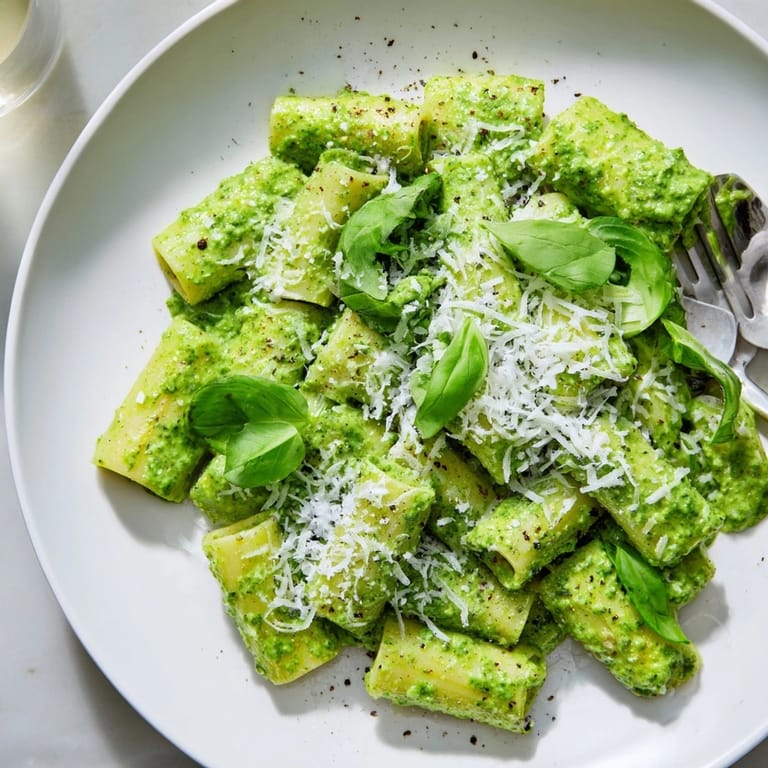 Elevated comfort food: See the textured Ricotta Spinach Pesto Pasta ready to be served.
