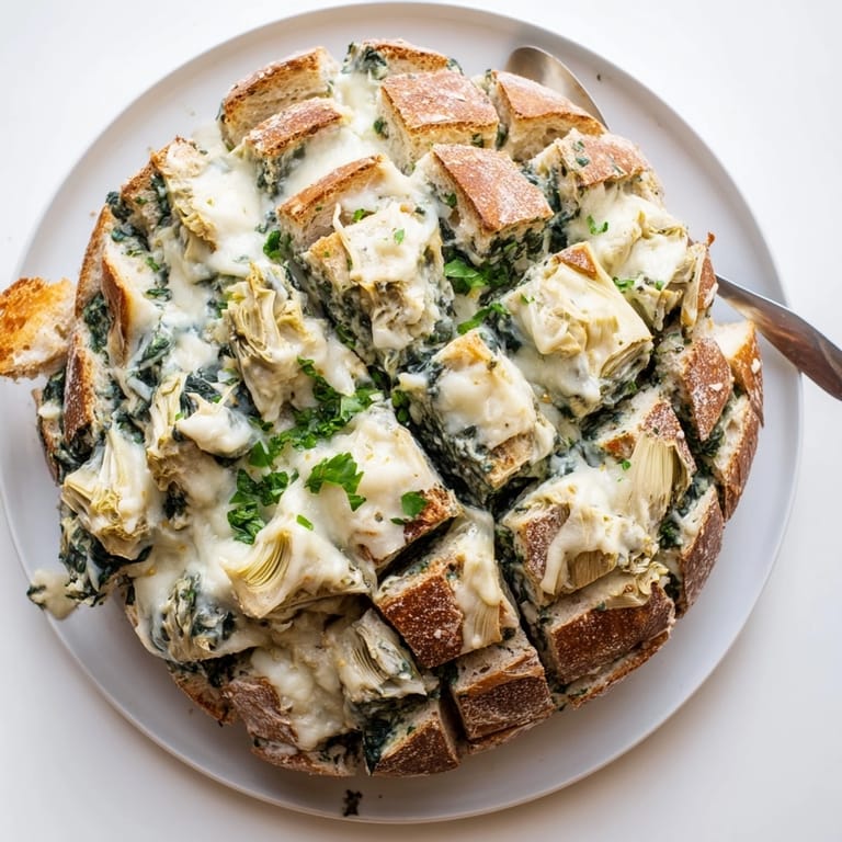 Close-up of buttery, herbed Alfredo Spinach Artichoke Bread ready to serve; layers visible.
